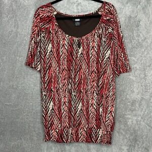 Studio 1940 26 28 3X Shirt Top Red Pink Striped Short Sleeve Keyhole Scoop Neck